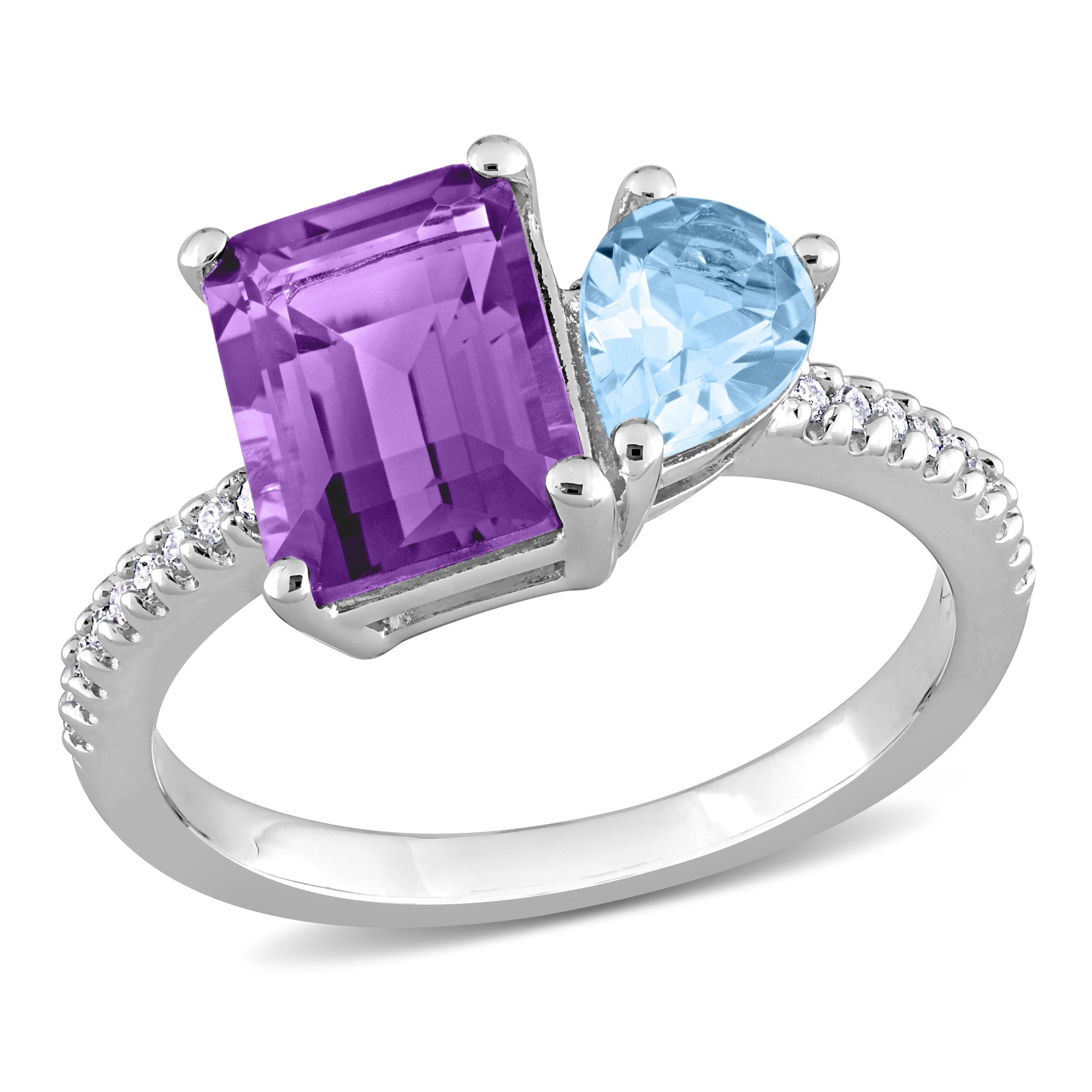 3 1/10 CT TGW Sky Blue Topaz and Amethyst with 1/10 CT TW Diamond 2-Stone Toi et Moi Ring in Sterling Silver