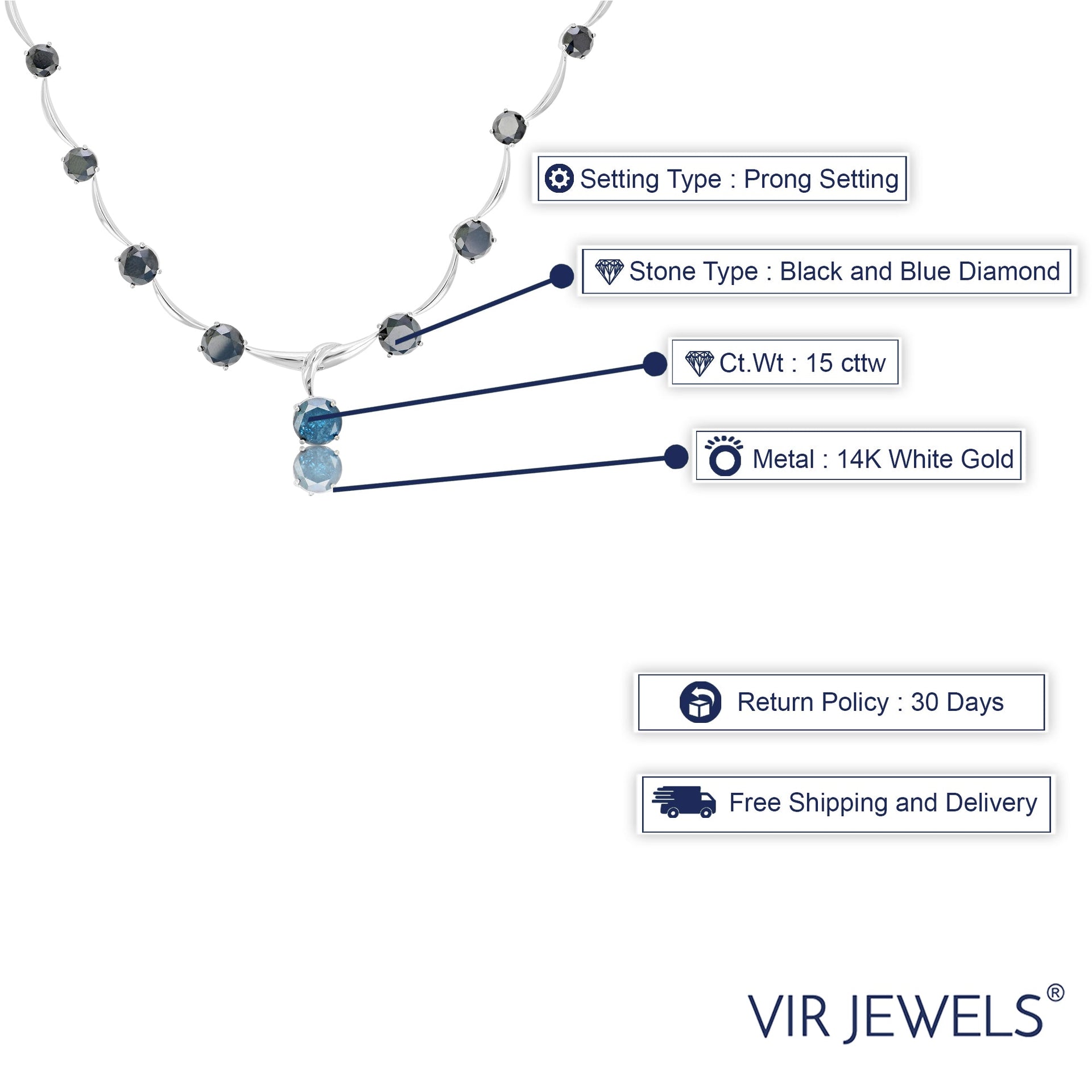 15 cttw Blue and Black Diamond Necklace 14K White Gold Round Station Design