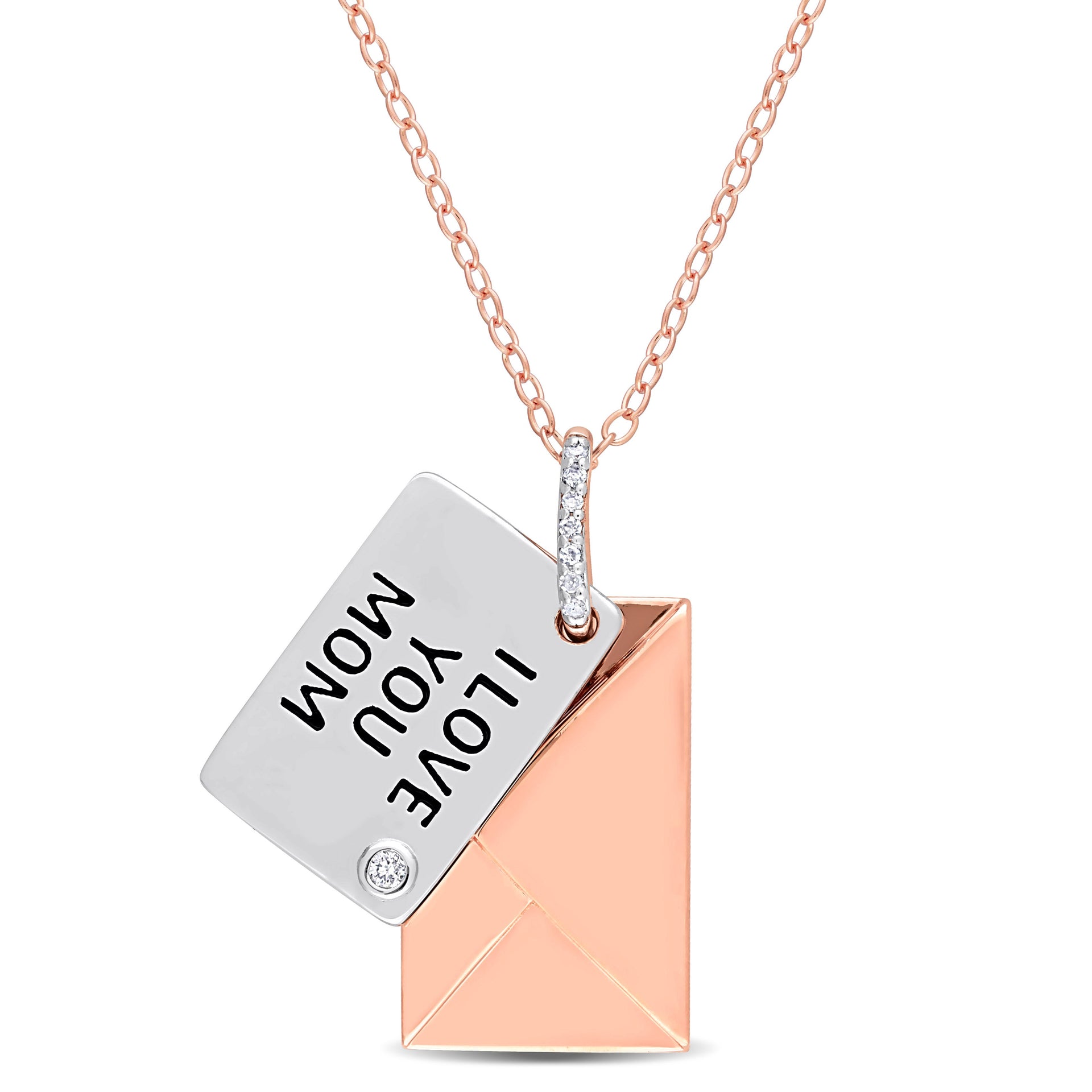 Diamond Accent Letter Envelope 'I Love You' Pendant with Chain in Rose Plated Sterling Silver