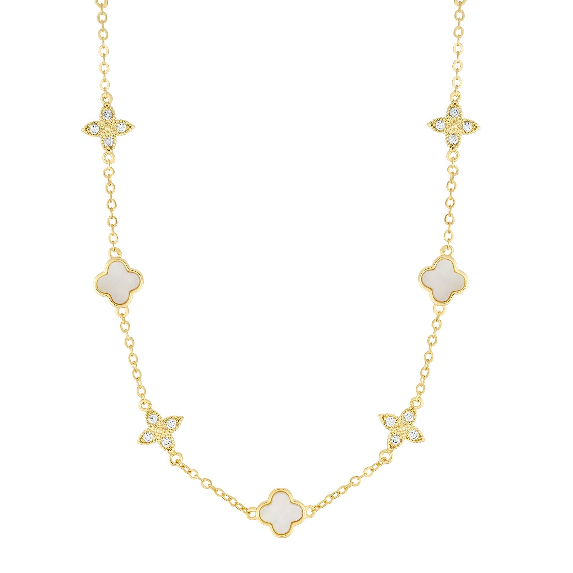 14k Gold Plated Mixed Mother Of Pearl And CZ Clover Station Necklace