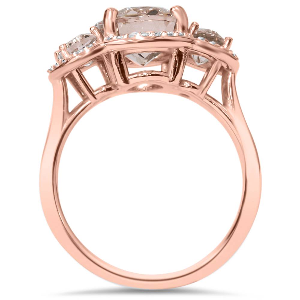 2 3/4ct Morganite 3 Stone Diamond Oval Halo Ring 14K Rose Gold