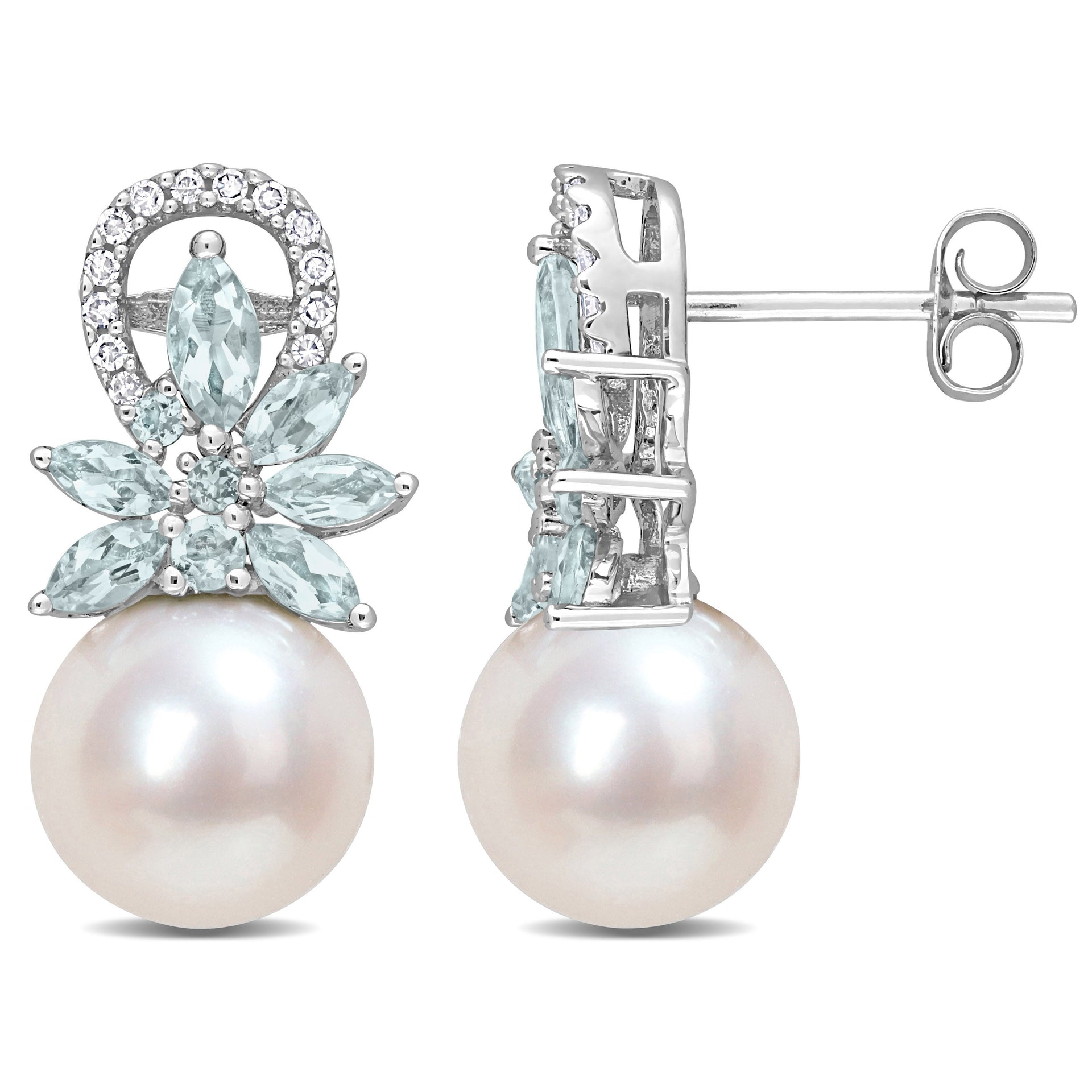 9-9.5mm Cultured Freshwater Pearl and Aquamarine and 1/8 ct TW Diamond Flower Drop Earrings in 14k White Gold