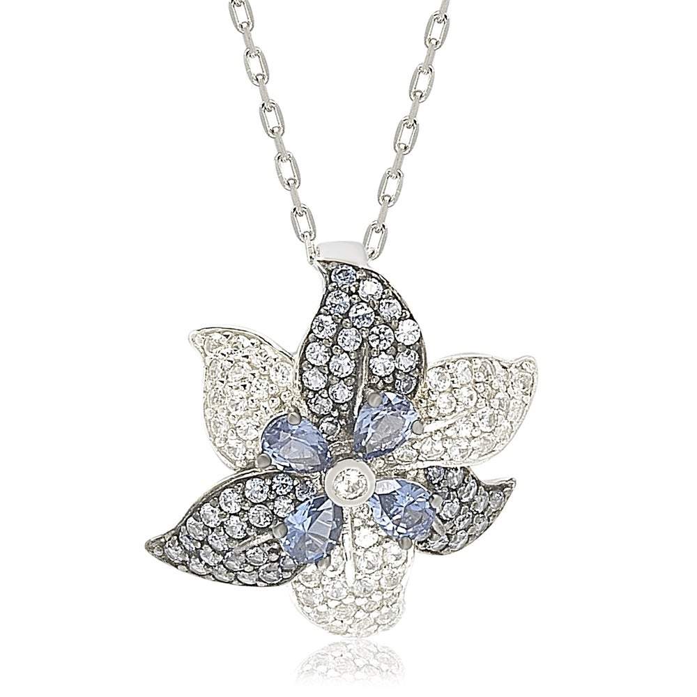 Suzy Levian Sterling Silver Sapphire and Diamond Accent Exotic Flower Pendant Necklace