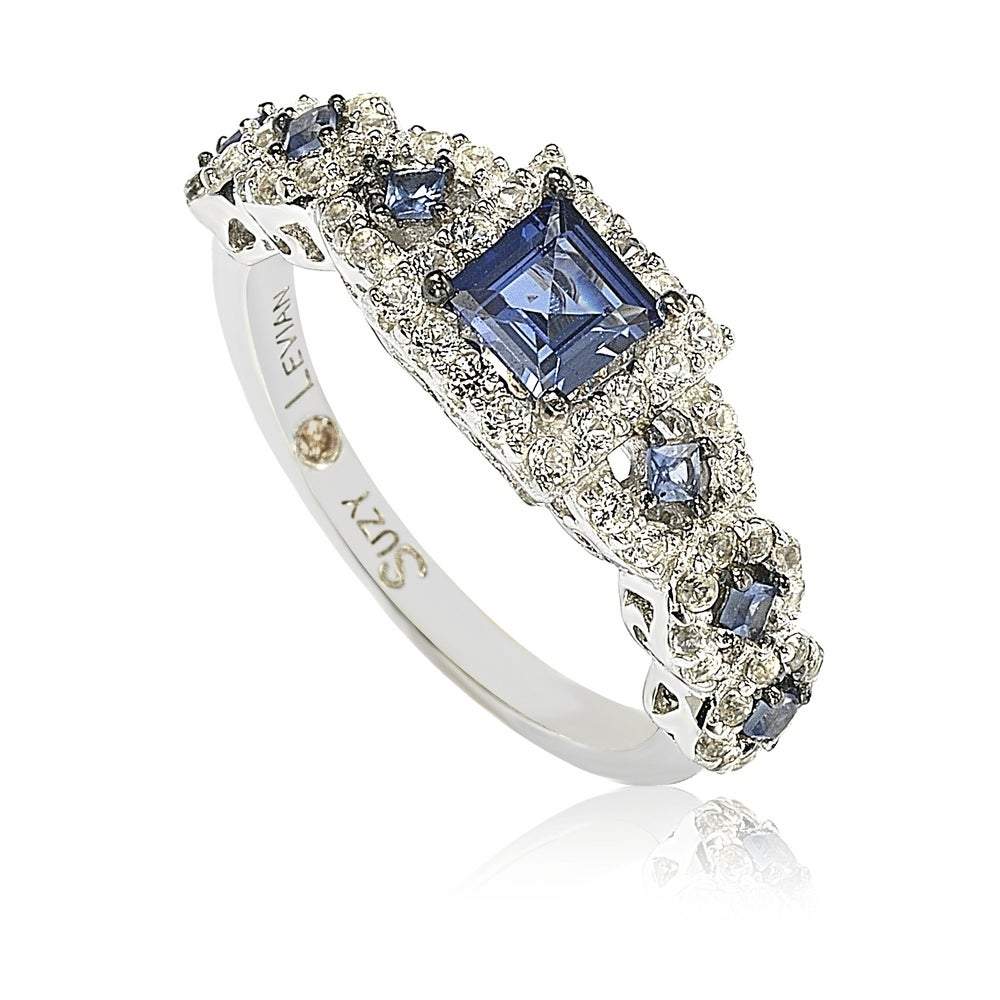 Suzy Levian Sterling Silver Assher Cut Sapphire and Diamond Accent Bridal Engagement Ring - Blue