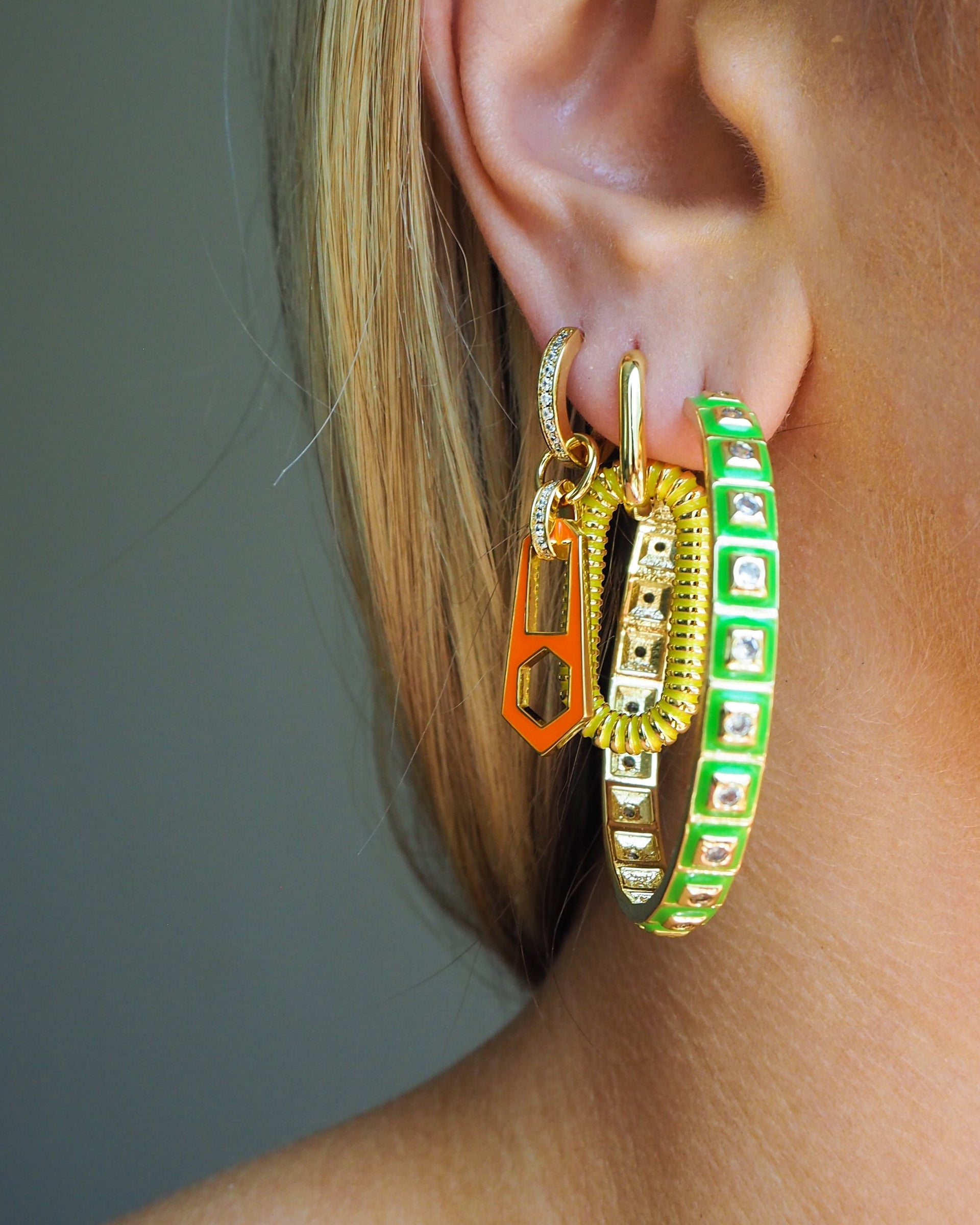 XL Pyramid Stud Hoops- Bright Green- Gold