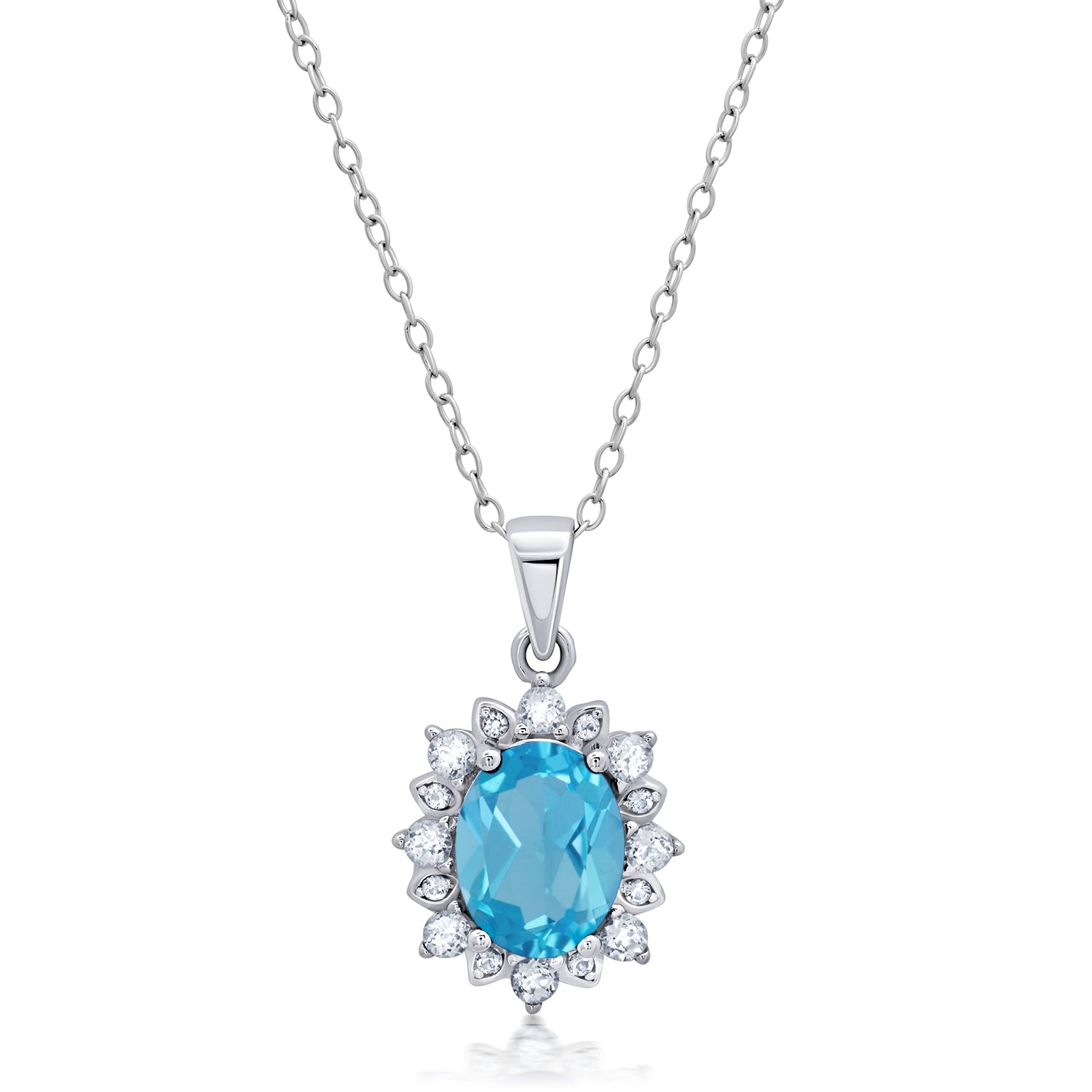 Sterling Silver Gemstone Oval Pendant Necklace with White Topaz Sunburst Halo 9mm x 7mm with 18 Inch Cable Chain