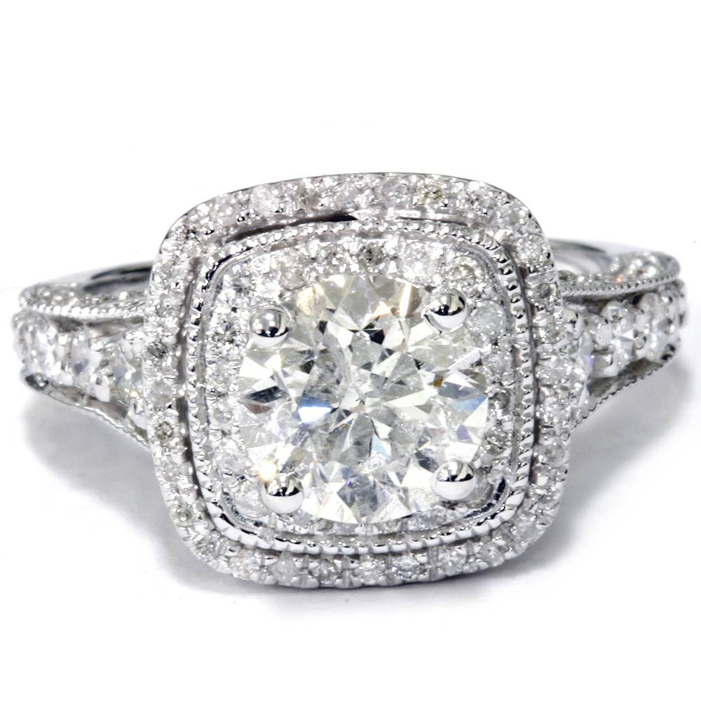 Cushion Double Halo Round Lab Diamond 2 Carat Engagement Ring 14K White Gold Size Selectable