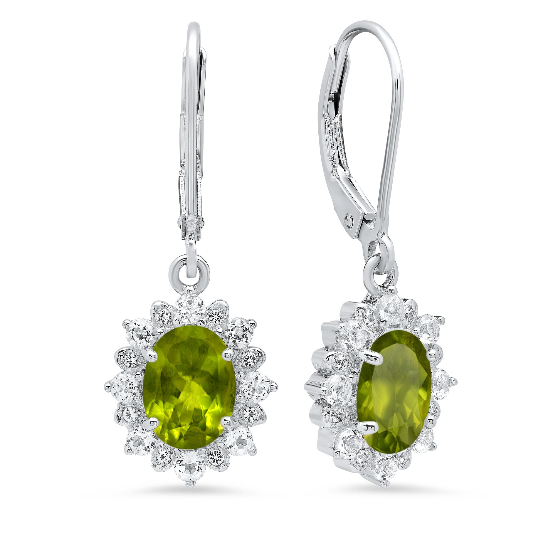 Sterling Silver Halo Sunburst Oval Peridot Leverback Earrings (8x6mm)