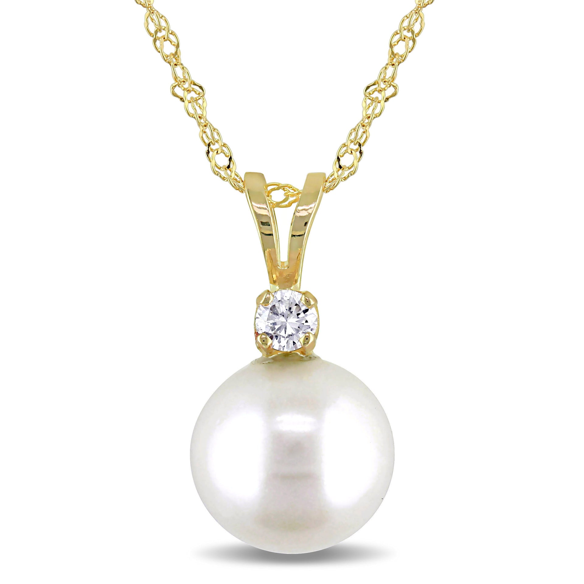 8-8.5mm Cultured Freshwater Pearl and Diamond Necklace in 14k Yellow Gold
