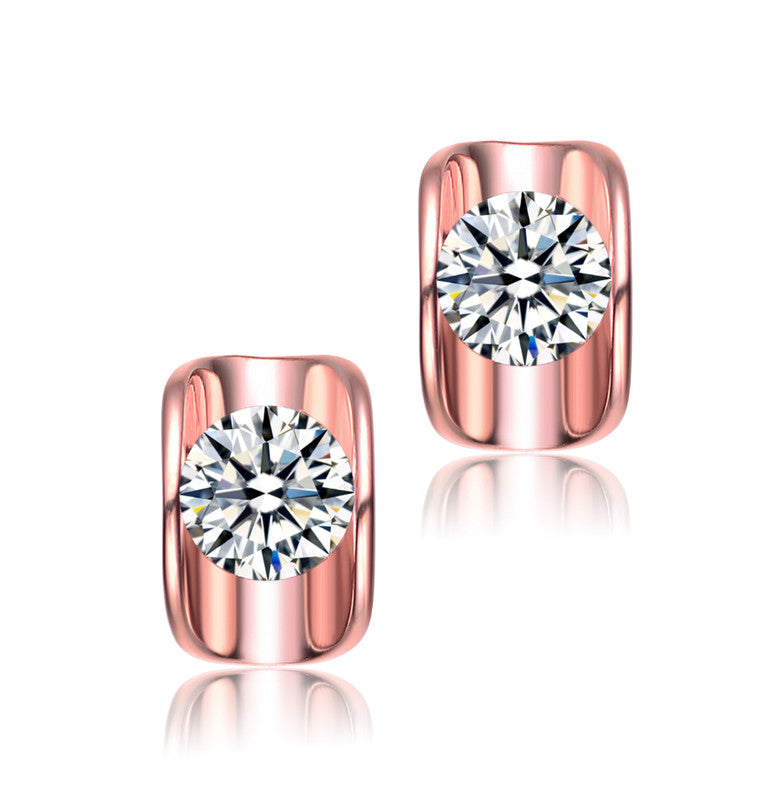GENEVIVE Sterling Silver Rose Gold Plated Cubic Zirconia Geometrical Stud Earrings