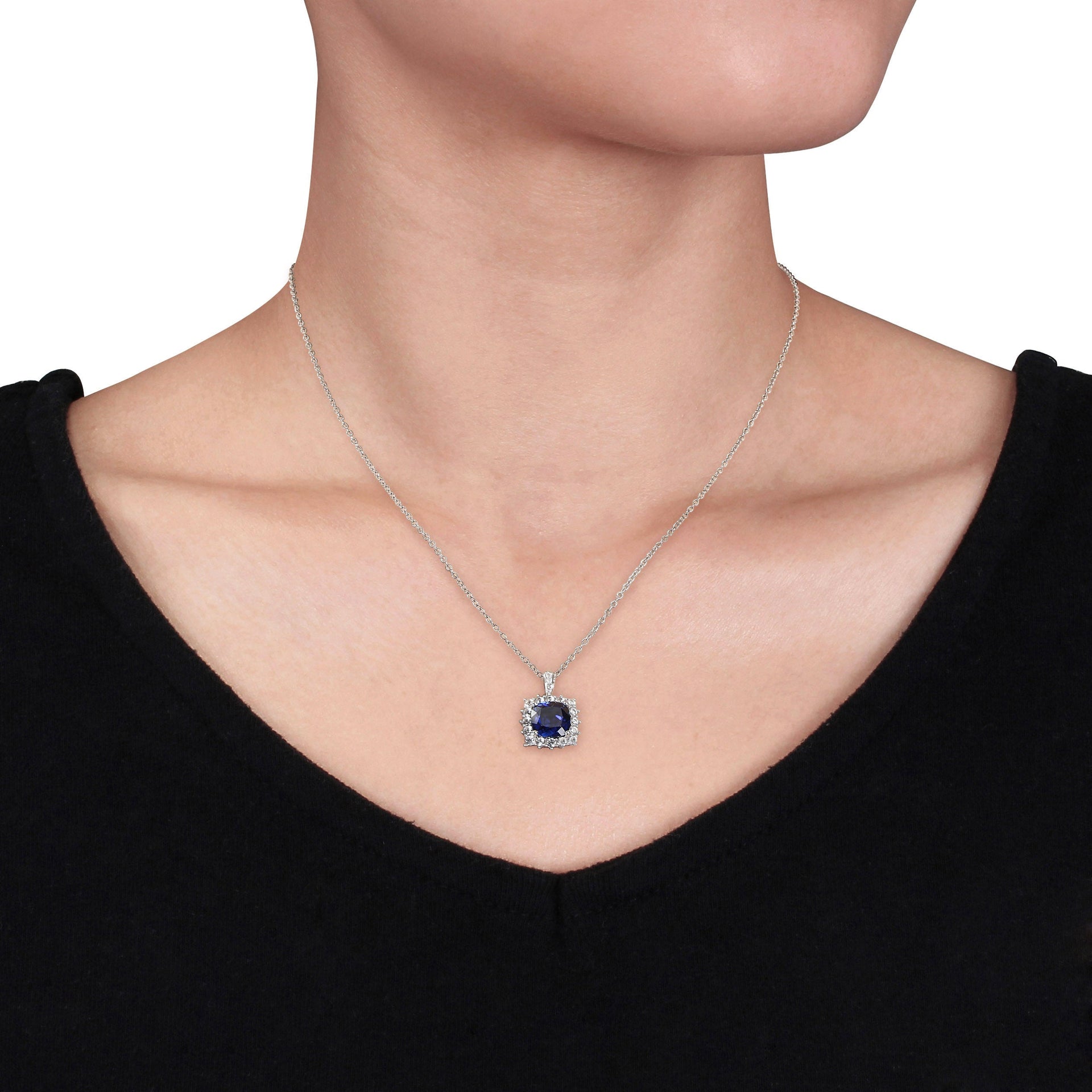 3 3/5 CT TGW Created Blue and Created White Sapphire and Diamond Halo Pendant with Chain in Sterling Silver