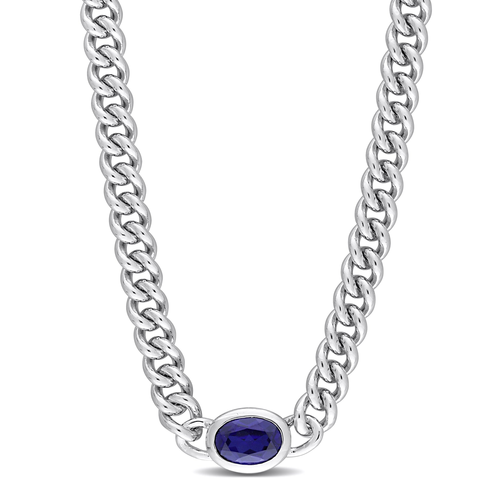 Mimi & Max 1 1/4 CT TGW Oval Created Blue Sapphire Curb Link Chain Necklace in Sterling Silver