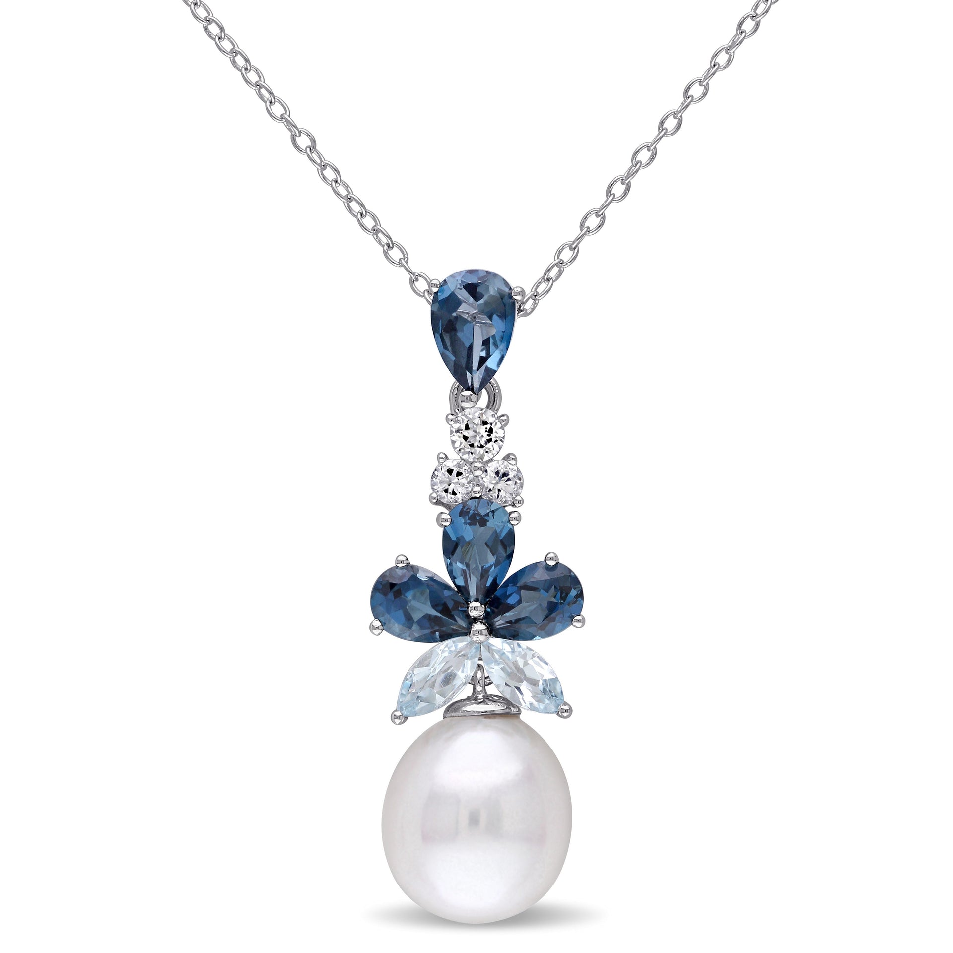 3 1/4 ct TW London, Sky Blue and White Topaz and 9.5-10mm White Cultured Freshwater Pearl Necklace