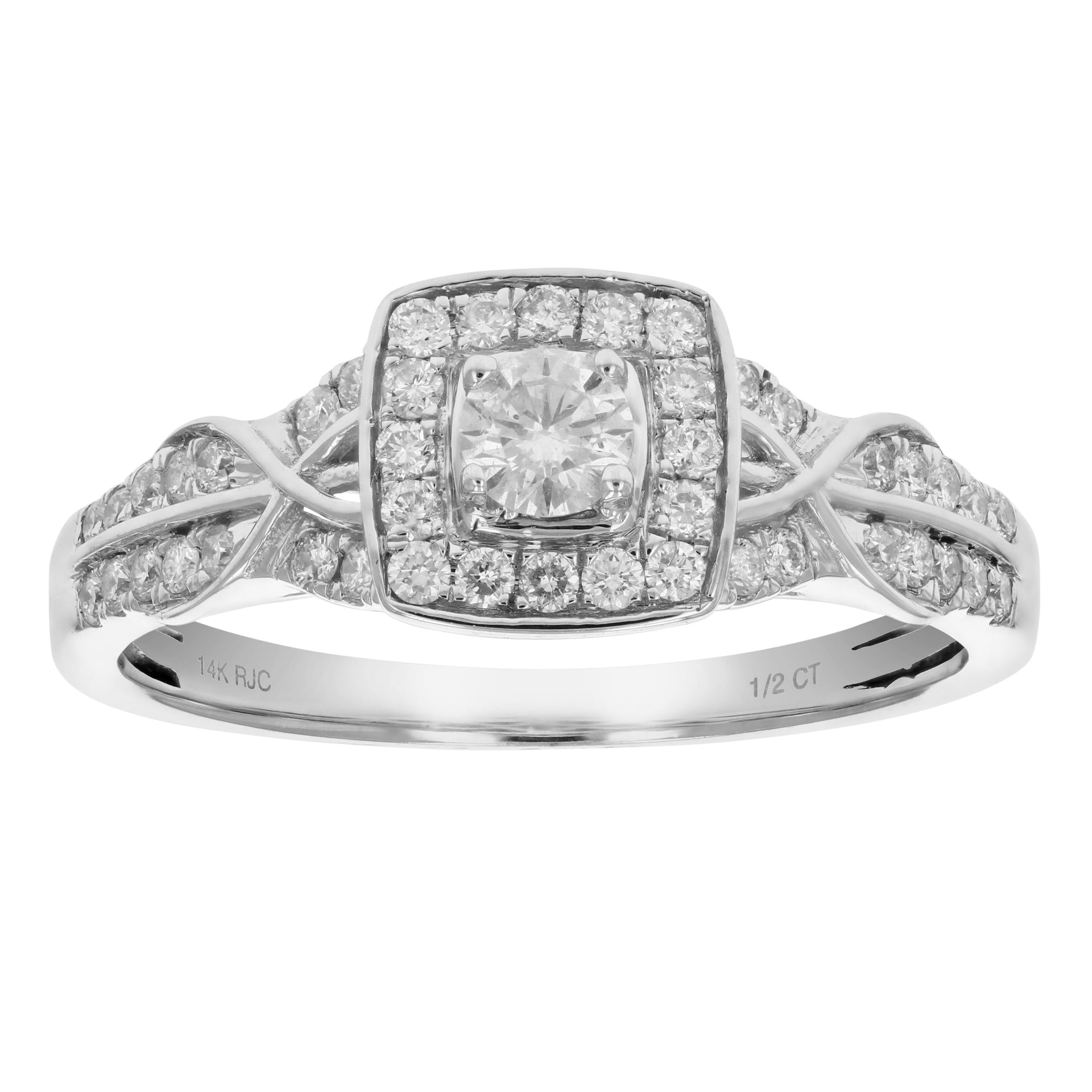 1/2 cttw Diamond Engagement Ring 14K White Gold Cushion Shape Halo Wedding Ring