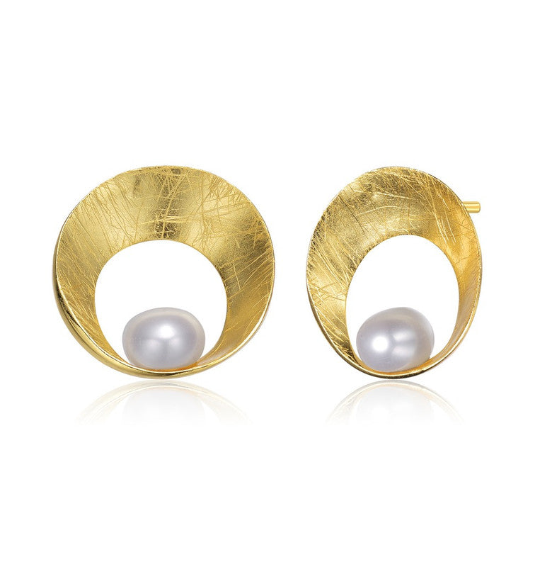 Sterling Silver Gold Plated Freshwater Round Pearl Stud Earrings