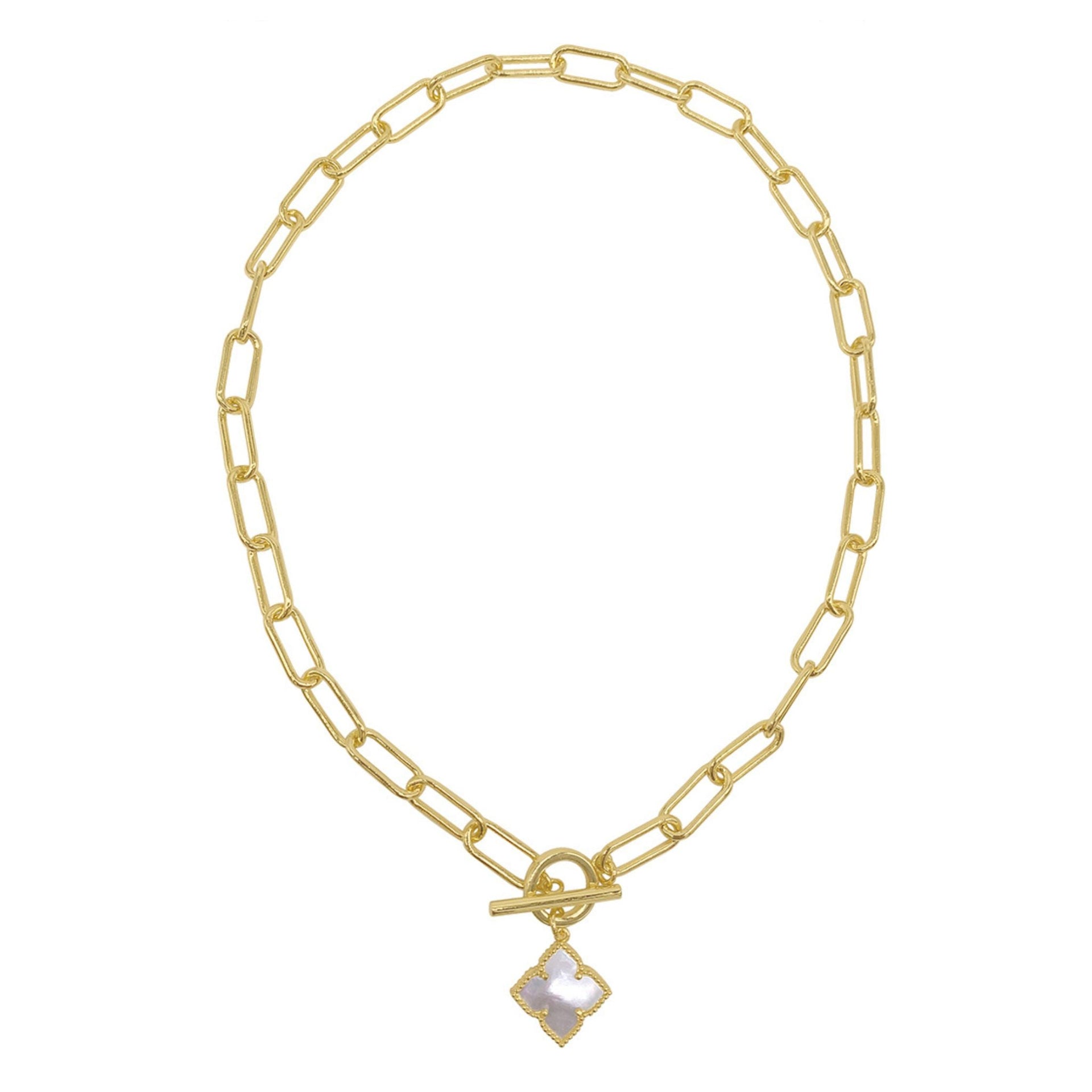 14k Gold Plated Flower White Mother-of-Pearl Paper Clip Chain Toggle Necklace
