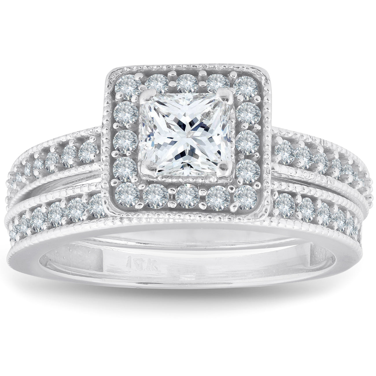 1ct Princess Cut Halo Diamond Engagement Wedding Ring Set 14K White Gold