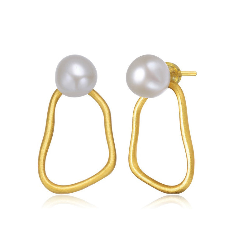 Sterling Silver Gold Plated Freshwater Round Pearl Drop Earrings
