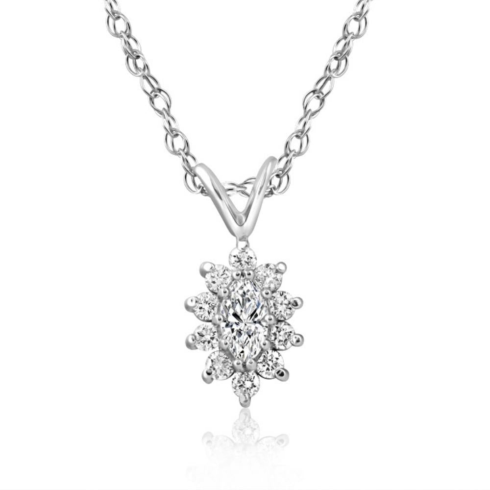 1/2 CT Marquise Halo Pave Diamond Solitaire Pendant 14K White Gold