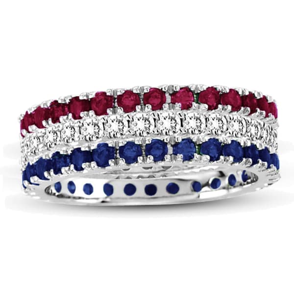 Suzy Levian 14K White Gold Set of 3 Diamond Ruby Sapphire Eternity Band Ring