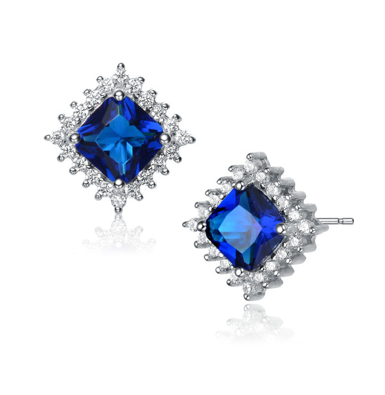 GENEVIVE Sterling Silver Sapphire Cubic Zirconia Square Earrings