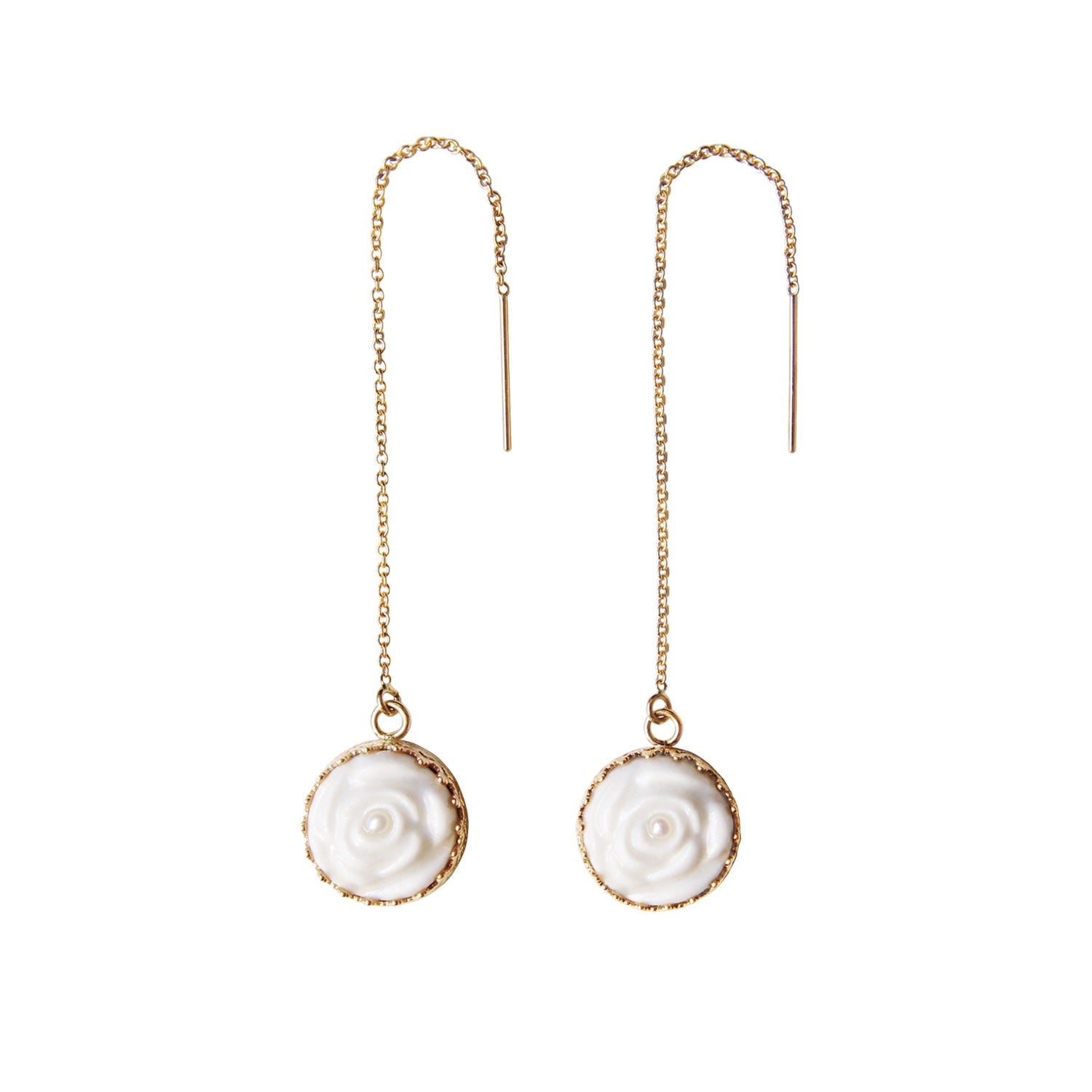Porcelain Rose With Pearl Gold Filled Chain Earrings