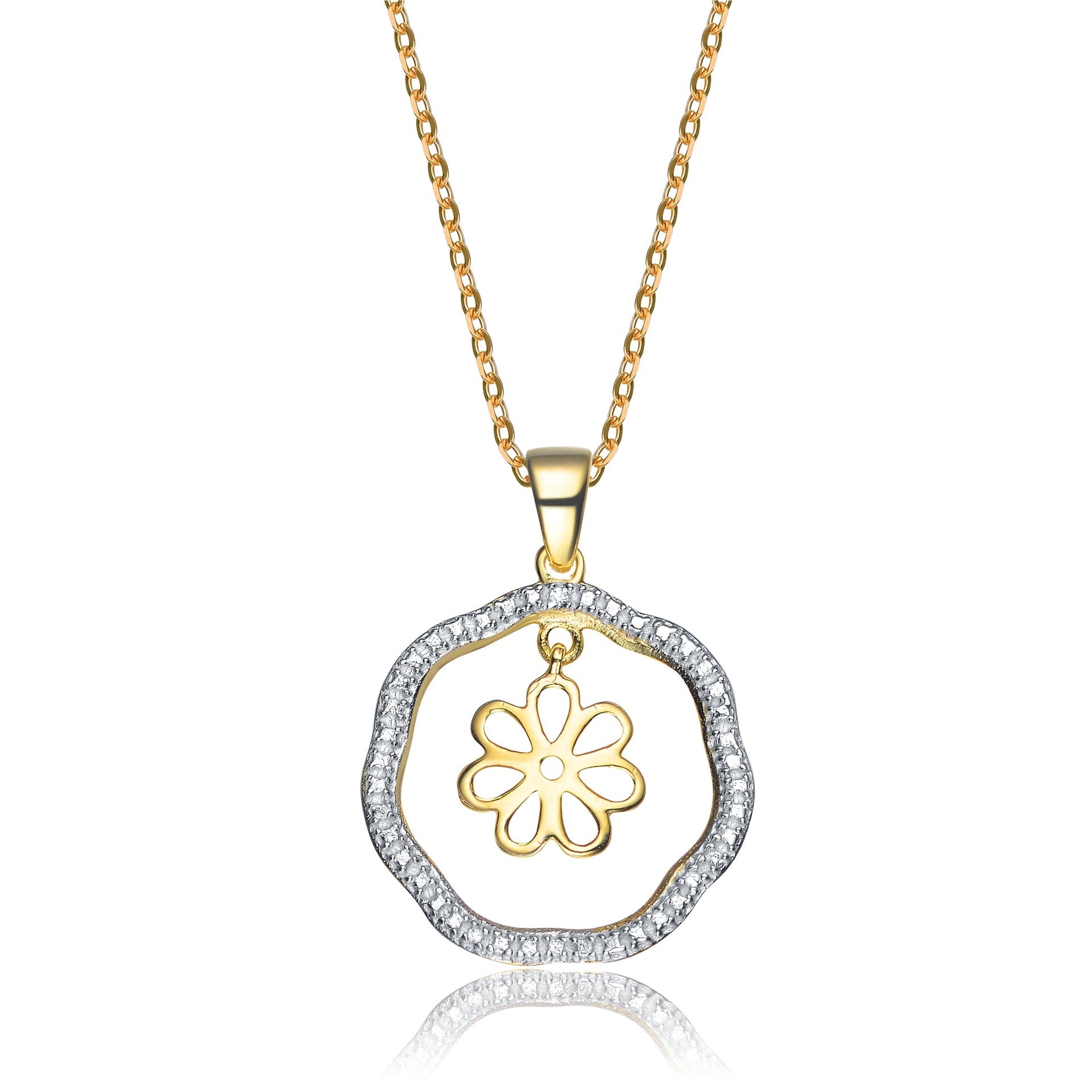 Sterling Silver Cubic Zirconia Two Tone Outlined Flower Pendant