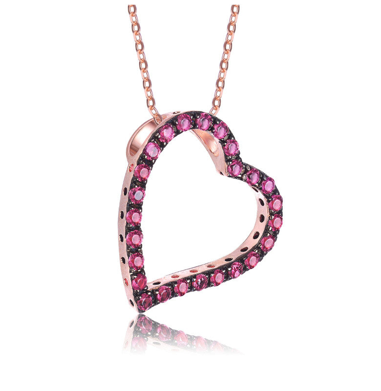 Sterling Silver With Rose Gold And Black Plated Pink Round Cubic Zirconia Open Heart Necklace