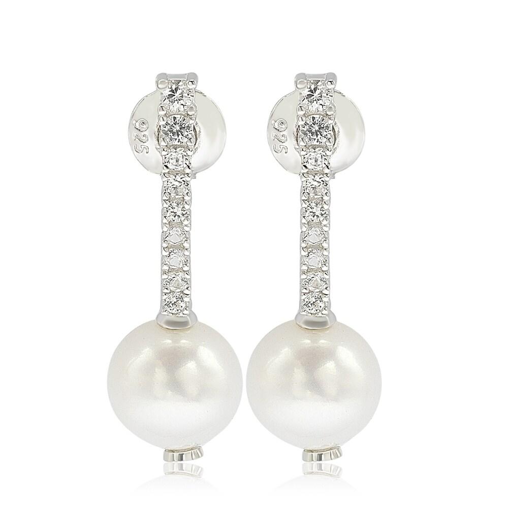 Suzy Levian Sterling Silver Pearl & White Sapphire Dangle Earrings