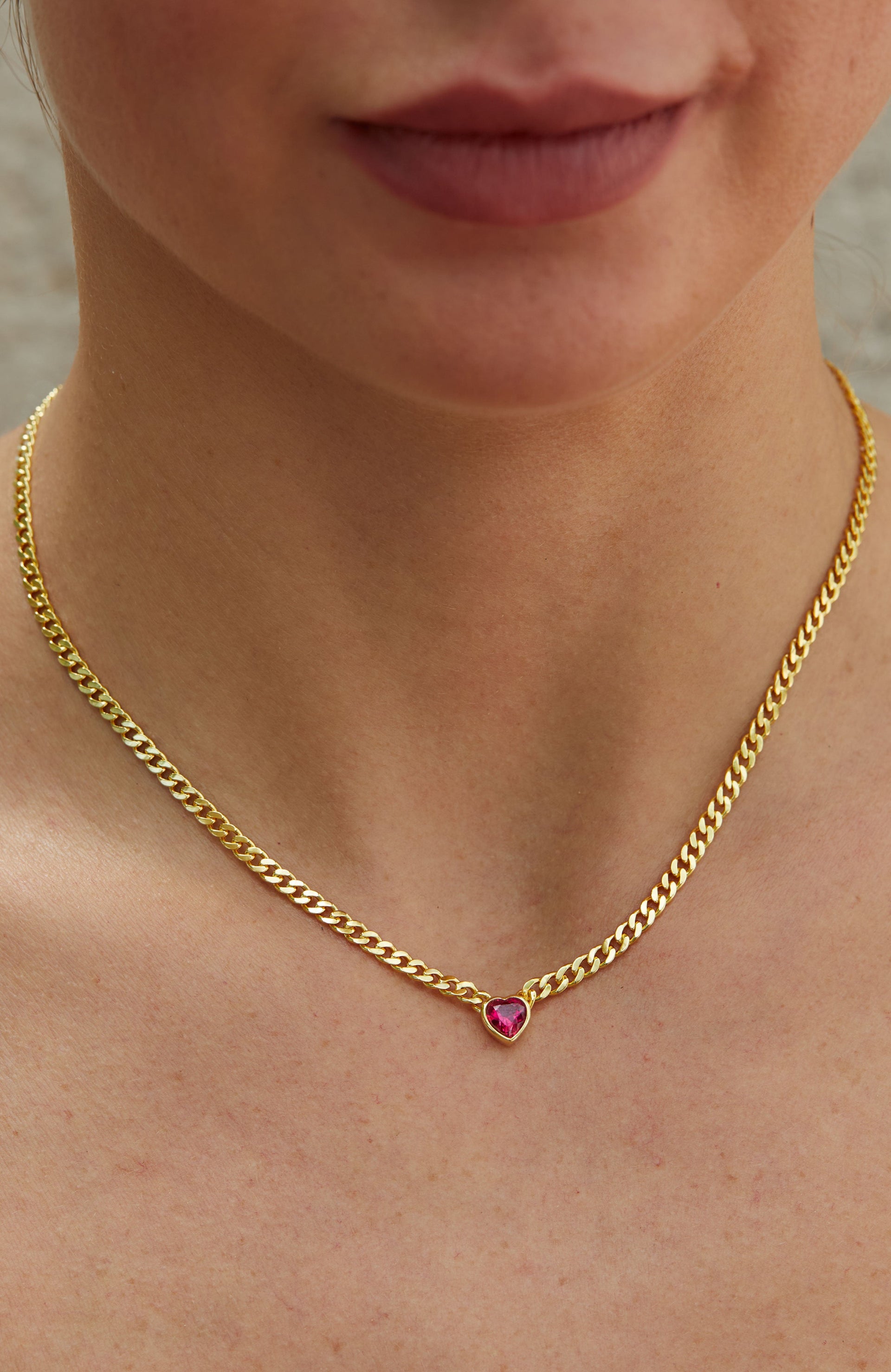 18K Gld Pl. Ruby Heart CZ Neck