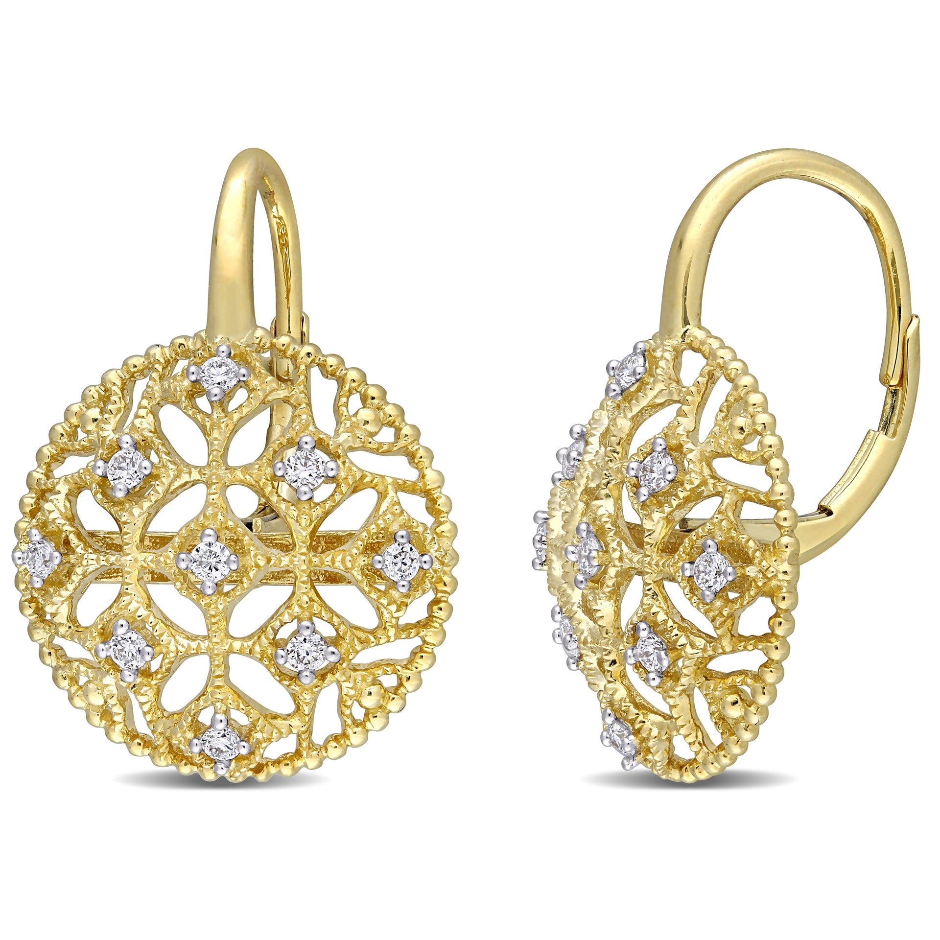 1/5ct TW Diamond Lace Leverback Earrings in 14k Yellow Gold