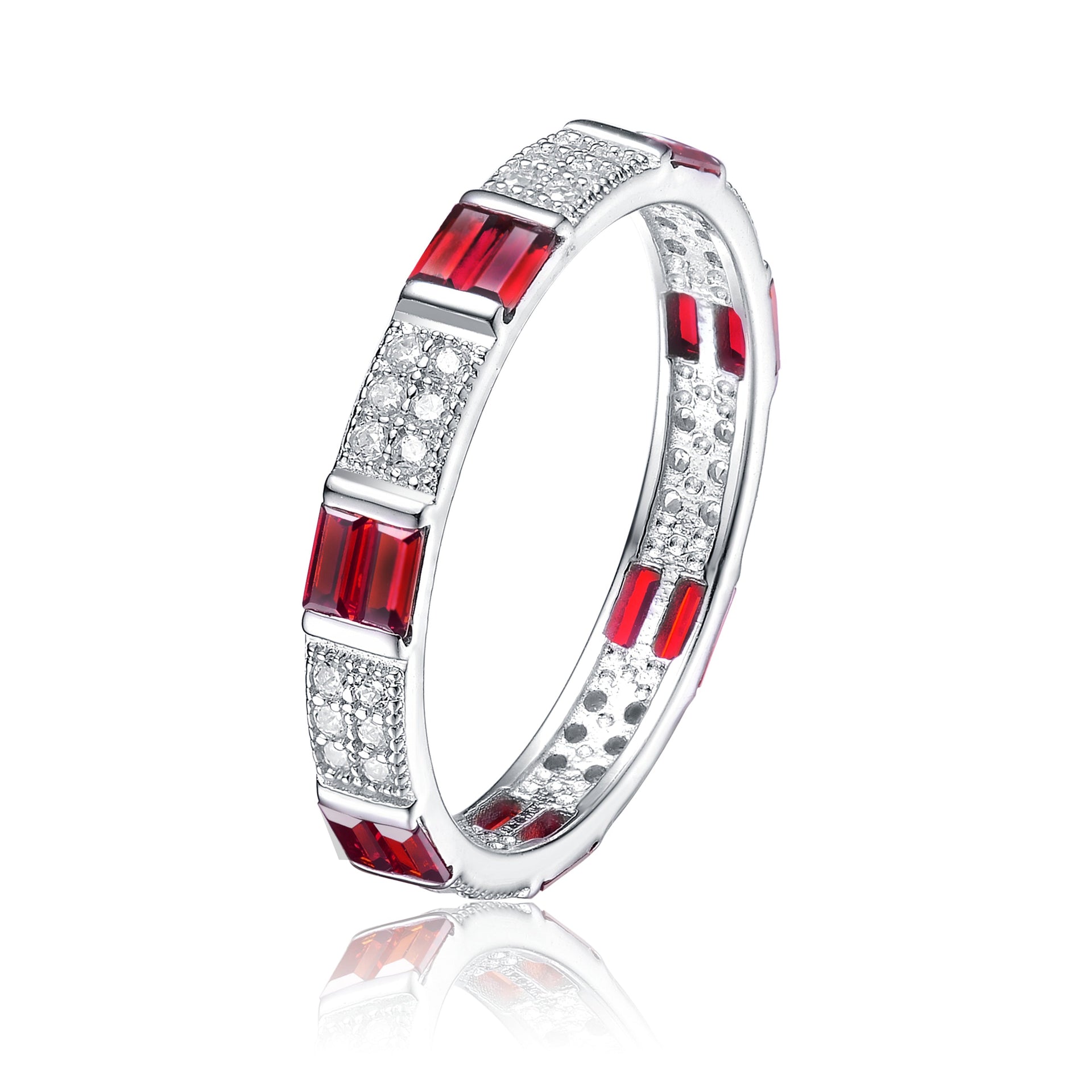 Ga Sterling Silver White Gold Plated With Ruby Baguette & Round Diamond Cubic Zirconia Eternity Wedding Band Stacking Ring