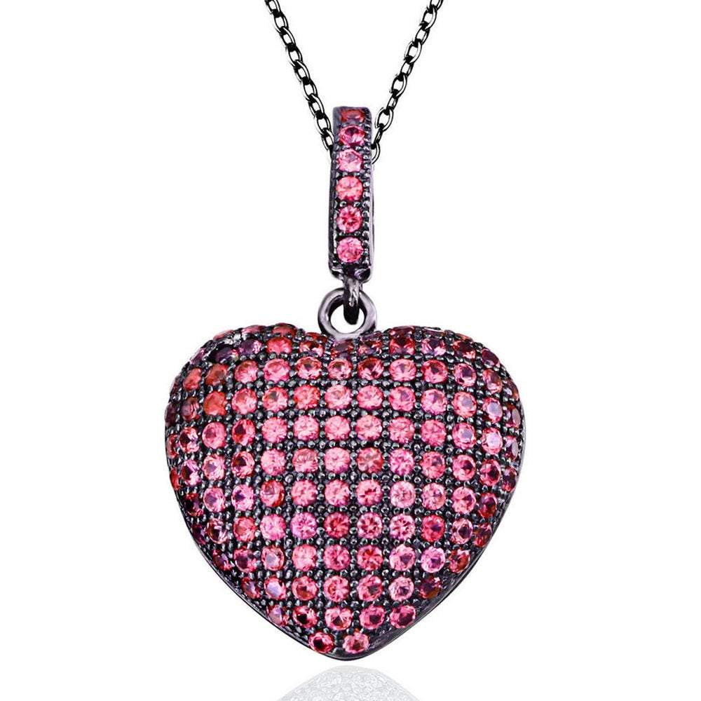 Suzy Levian Pink Cubic Zirconia Blackened Sterling Silver Pave Heart Pendant