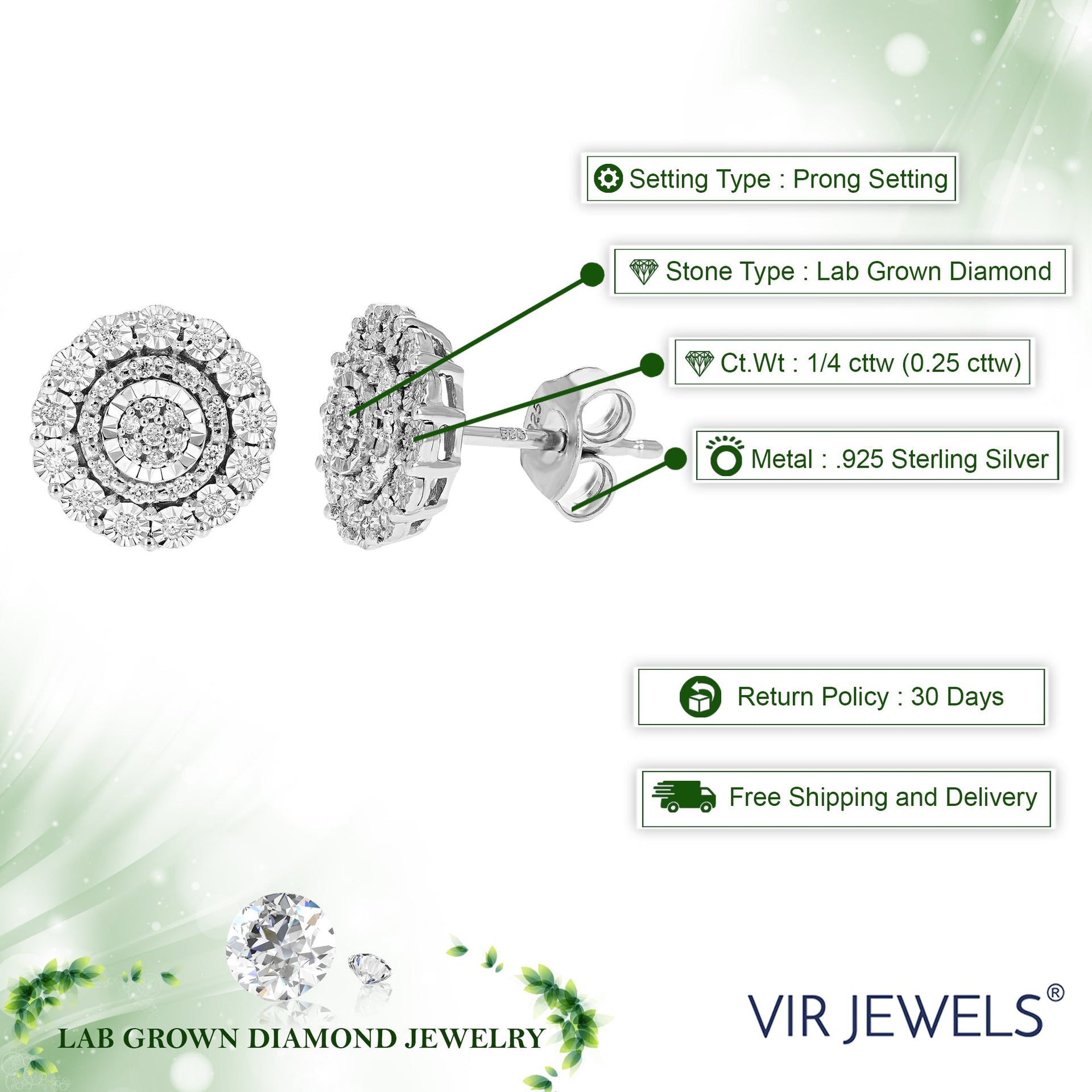 1/4 cttw Round Cut Lab Grown Diamond Prong Set Stud Earrings in .925 Sterling Silver