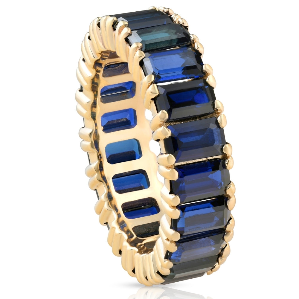 5X3mm Imitation Blue Sapphire Emerald Cut Eternity Ring 10k Yellow Gold