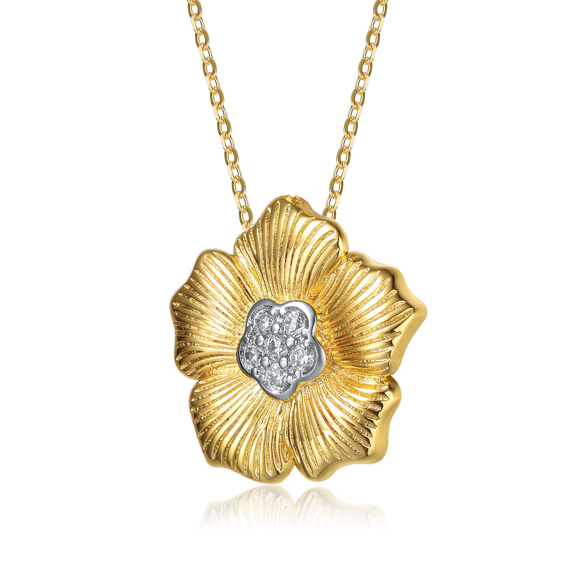 Rhodium And 14k Gold Plated Cubic Zirconia Floral Pendant
