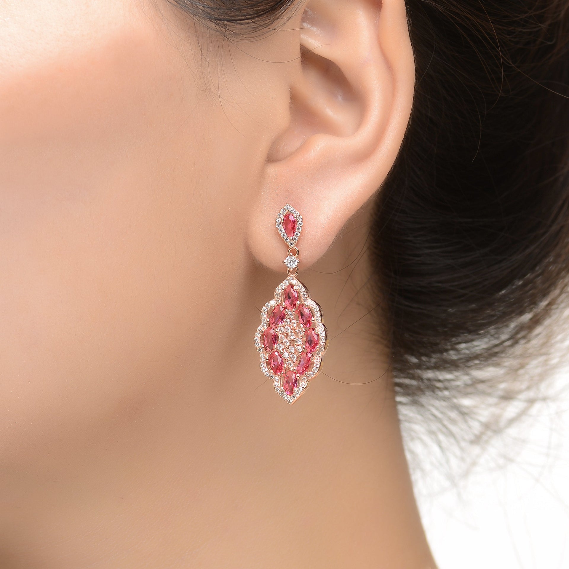 Ga Rose Gold Plated Clear And Red Cubic Zirconia Accent Dangle Earrings