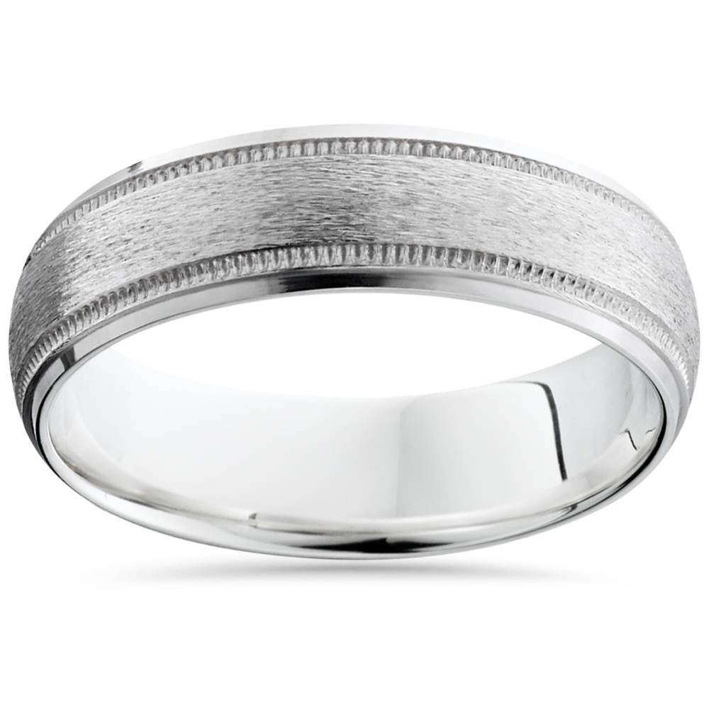 Brushed Milgrain & Polished Beveled Wedding Band 14K White Gold 6mm Size Selectable