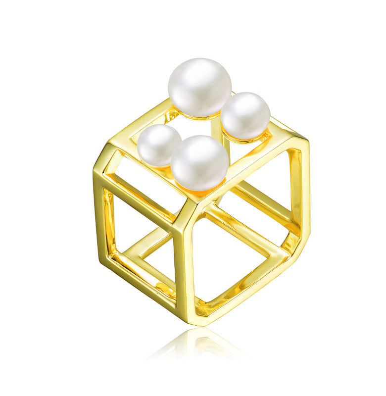 Sterling Silver 14K Gold Plated With 5-7mm Freshwater Pearls Geometric Ring