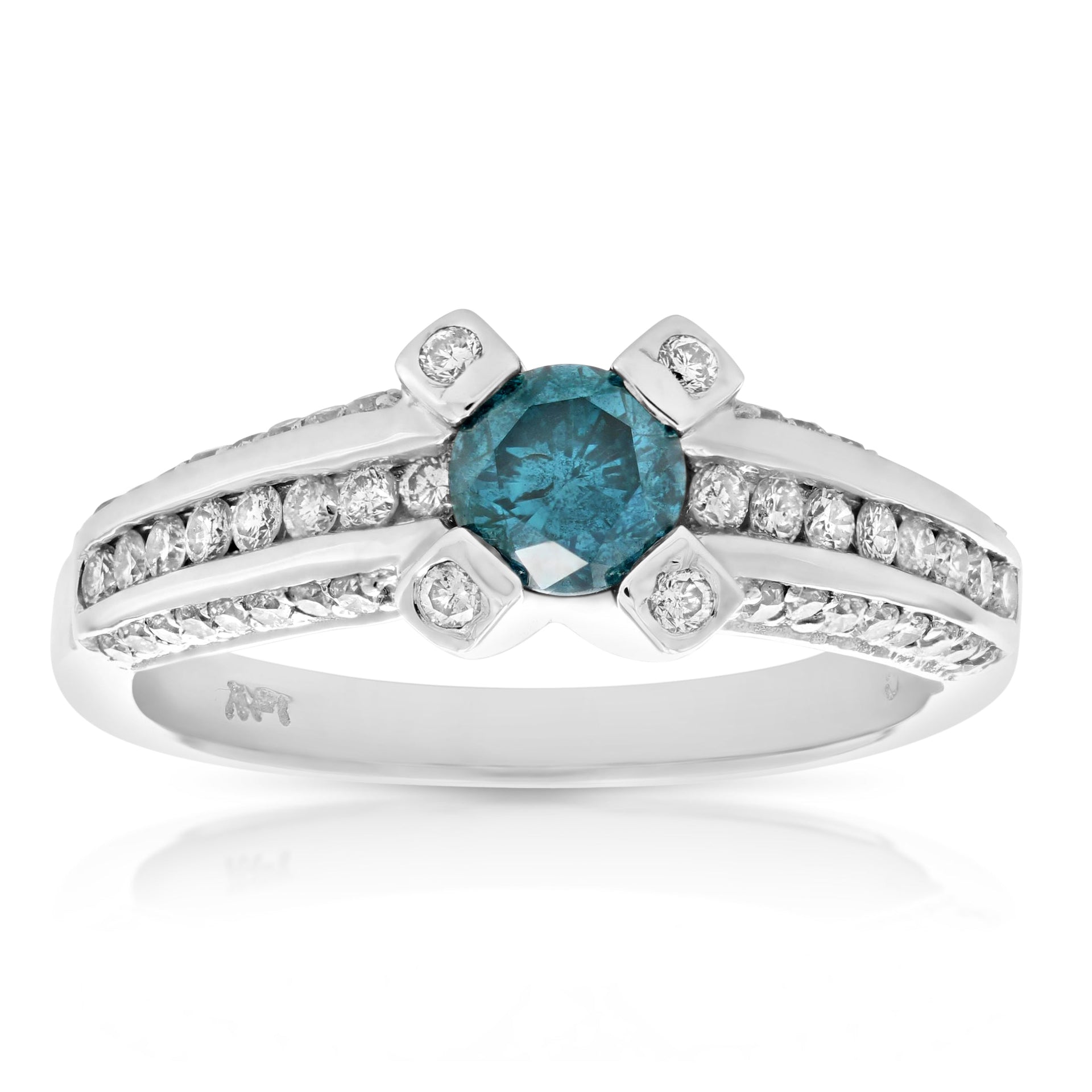 1.35 cttw Blue and White Diamond Engagement Ring 14K White Gold