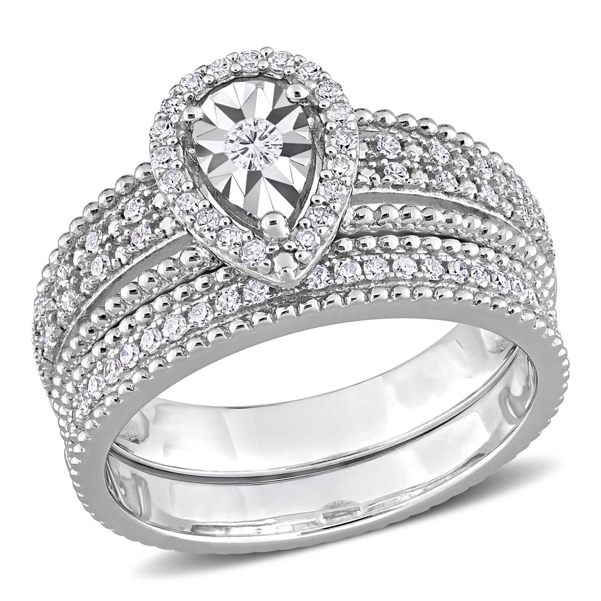 1/3ct TDW Diamond Teardrop Halo Bridal Set in Sterling Silver