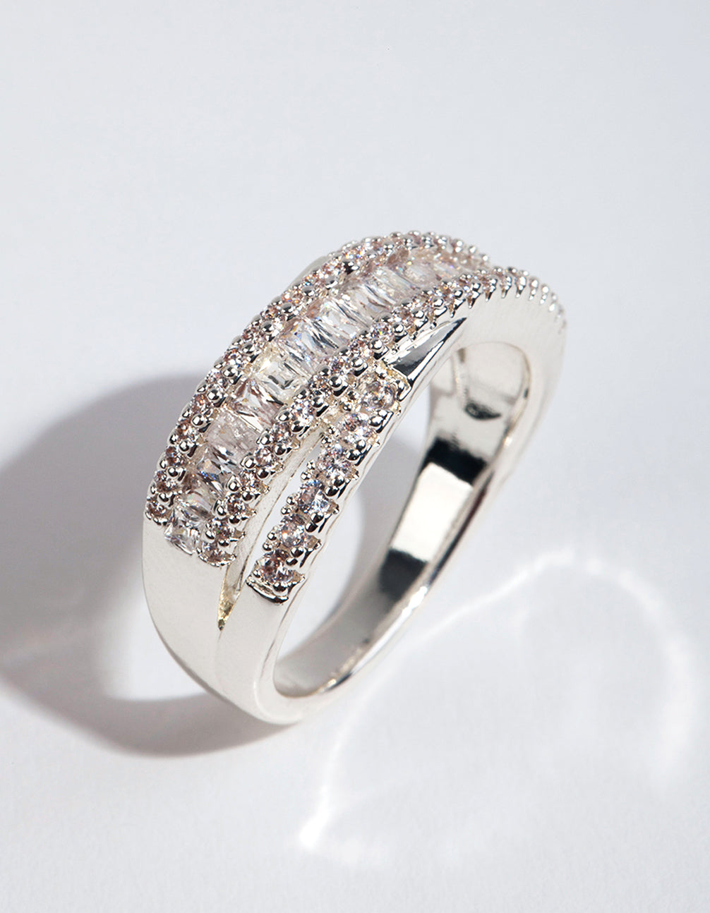 Silver Plated Cubic Zirconia Crossover Baguette Ring