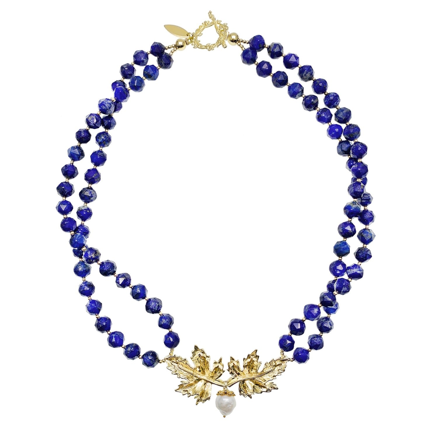 Lapis Stones With Leaf Charm Double Strands Statement Necklace