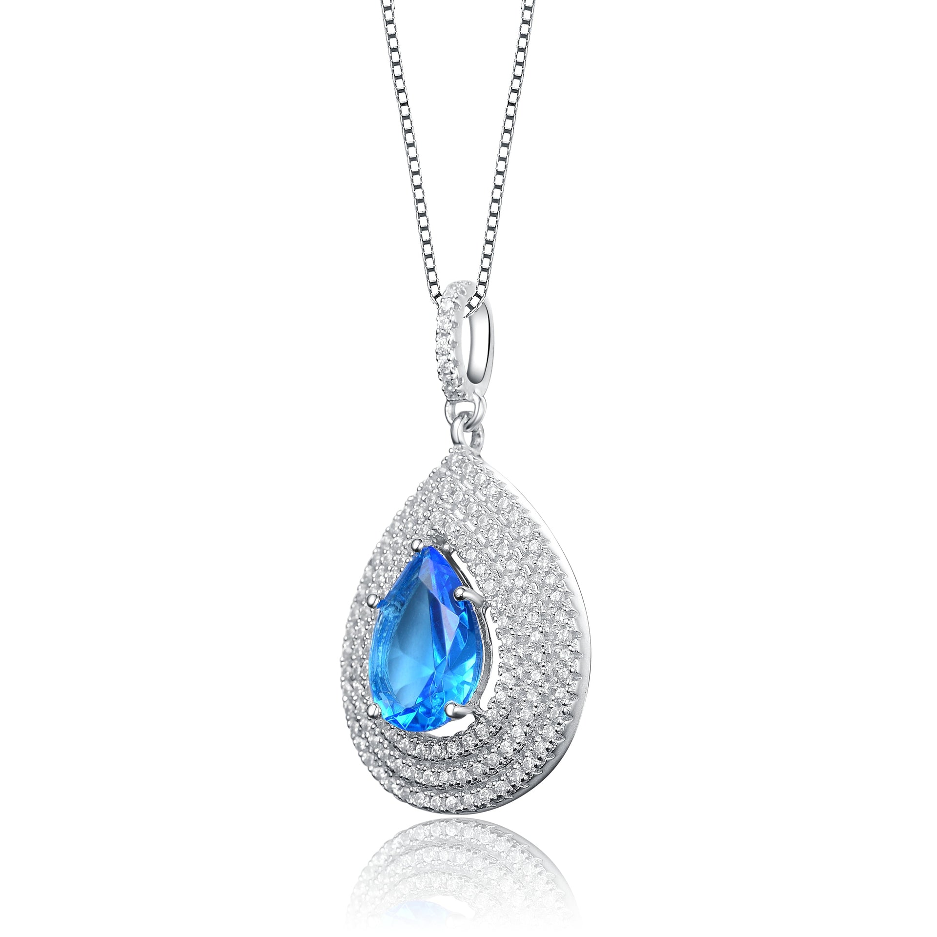 Sterling Silver Light Blue Oval Teardrop White Cubic Zirconia Pendant