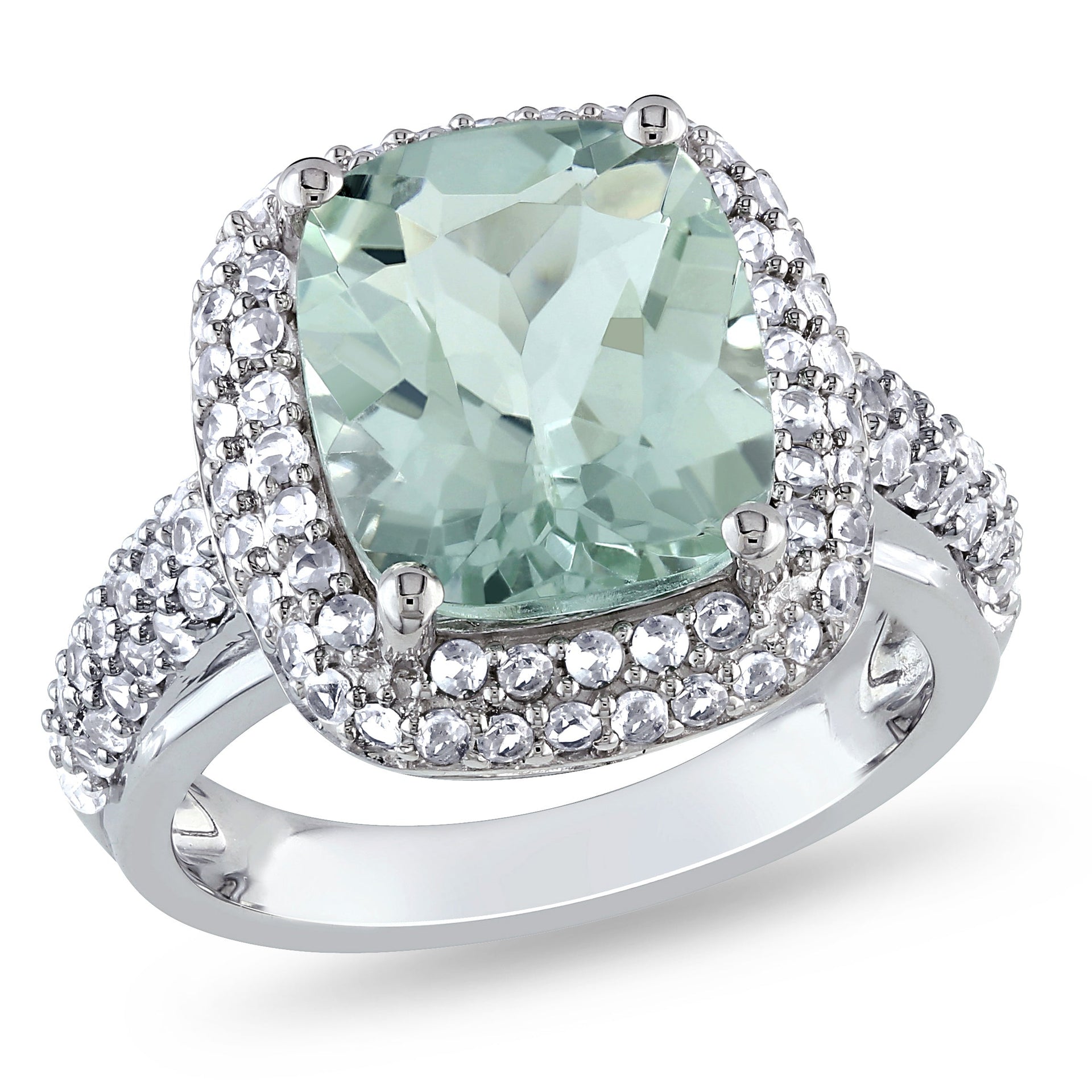 Mimi & Max 6ct TGW Cushion Cut Green Quartz and Created White Sapphire Double Halo Ring in Sterling Silver