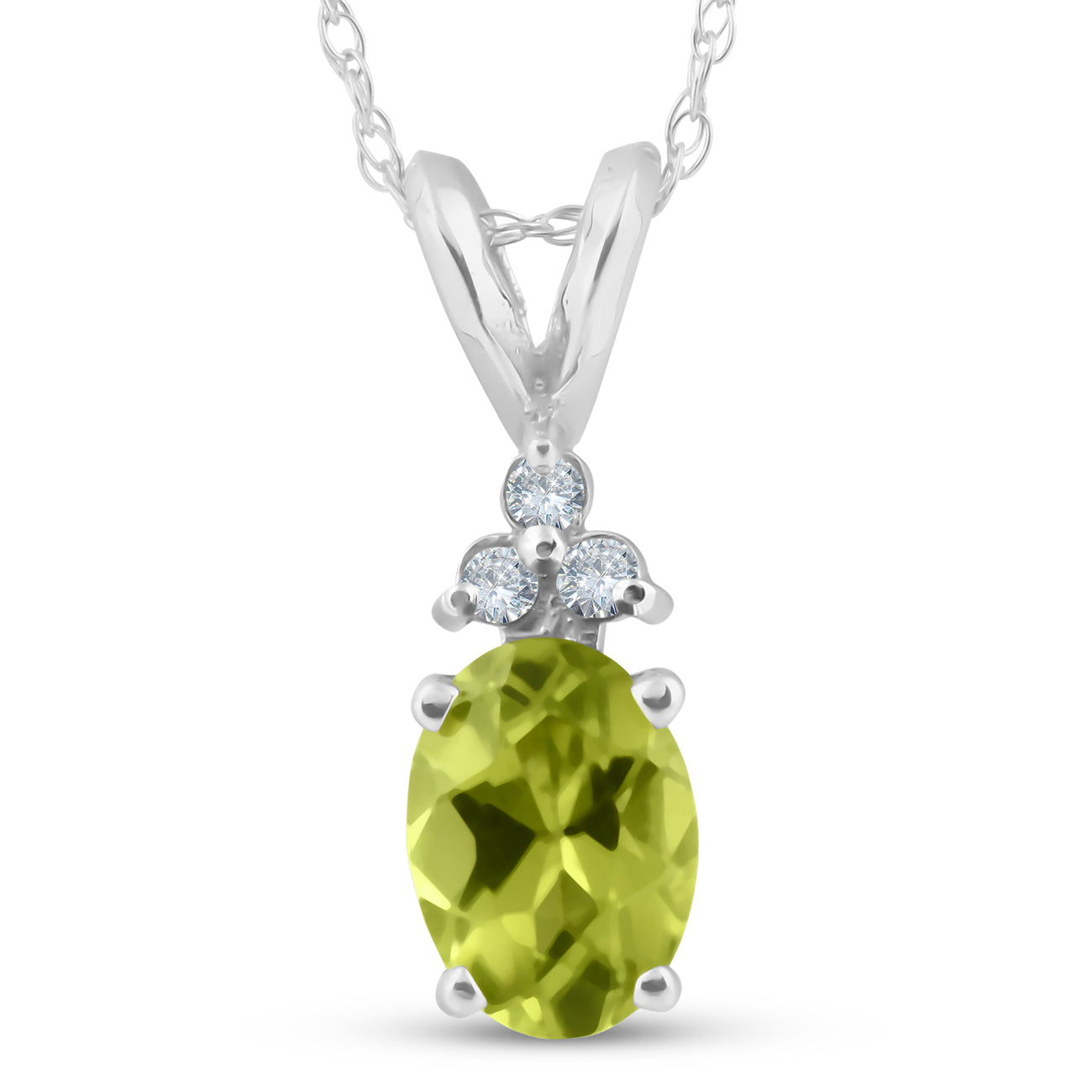 5/8 ct Oval Peridot & Diamond Solitaire Pendant 14K White Gold With 18' Chain