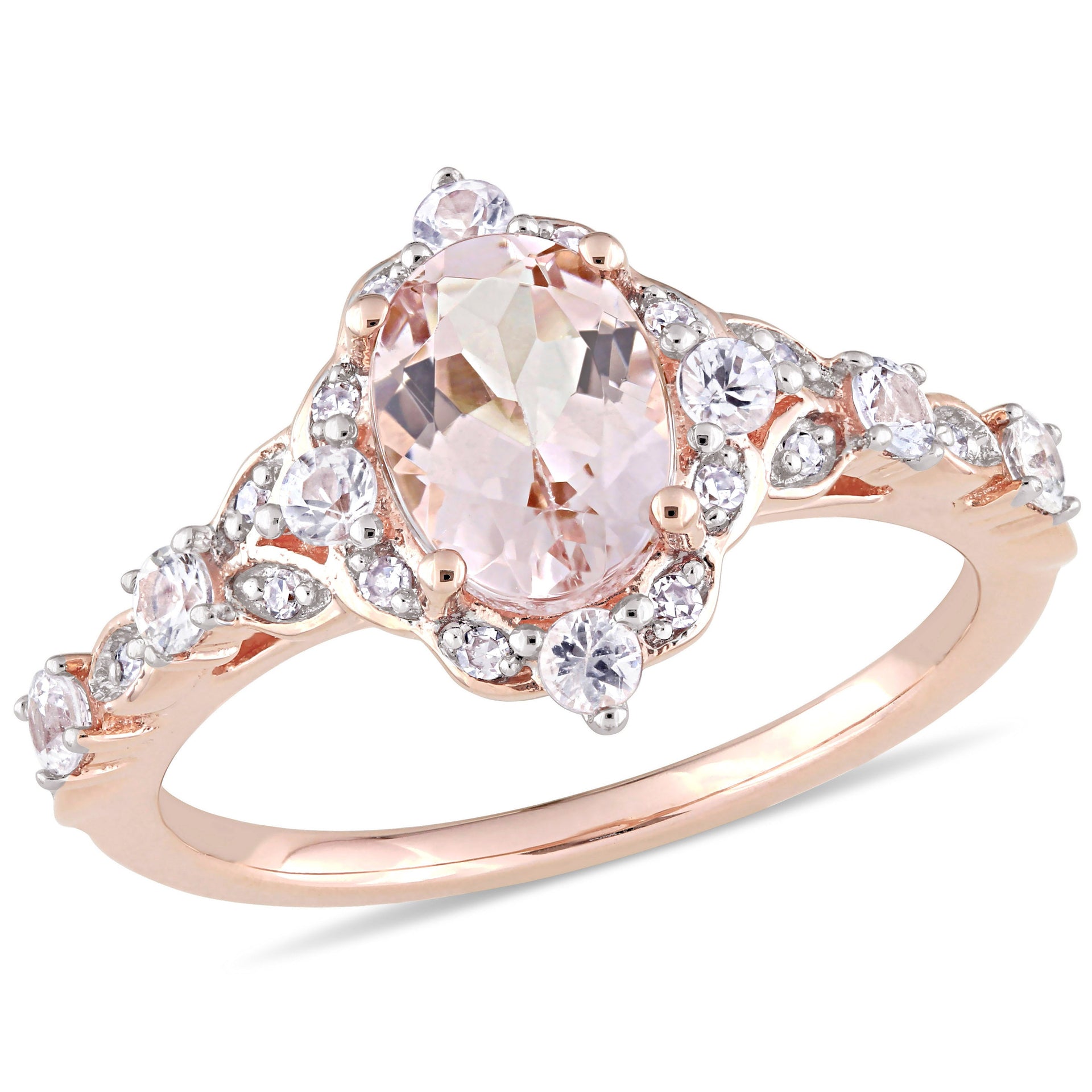 1 3/5ct TW Oval Morganite and White Sapphire and Diamond Accent Halo Ring in 10k Rose Gold