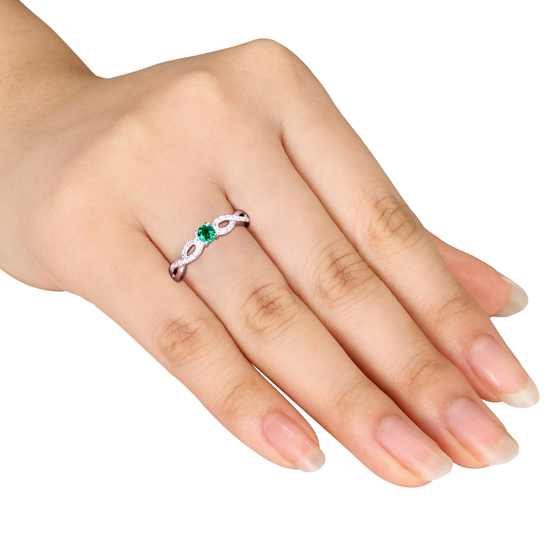 1/10ct TW Created Emerald and 1/10ct TW Diamond Infinity Ring in Sterling Silver