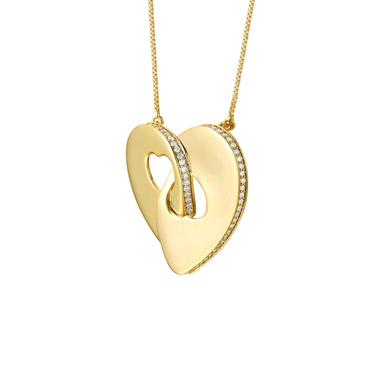 Rg Large 14k Gold Plated with Diamond Cubic Zirconia Modern Double Heart Half Cut-Out Entwined Necklace