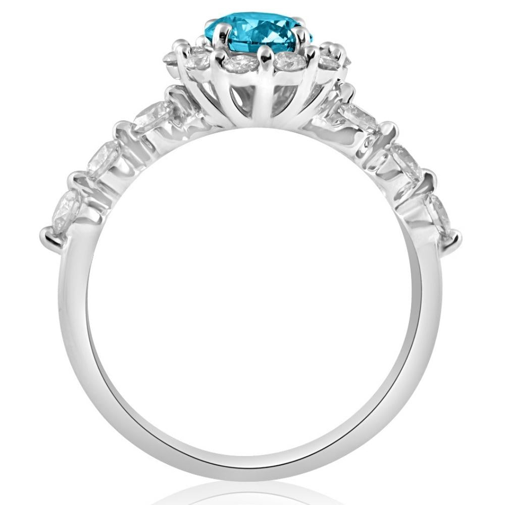 1 1/2 ct Blue & White Diamond Halo Engagement Ring in 10k White Gold